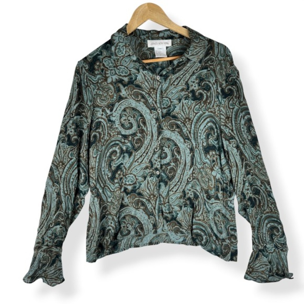 Vintage 90s Jones New York 100% Silk Top Womens Size 12 Paisley Boho Indie Retro